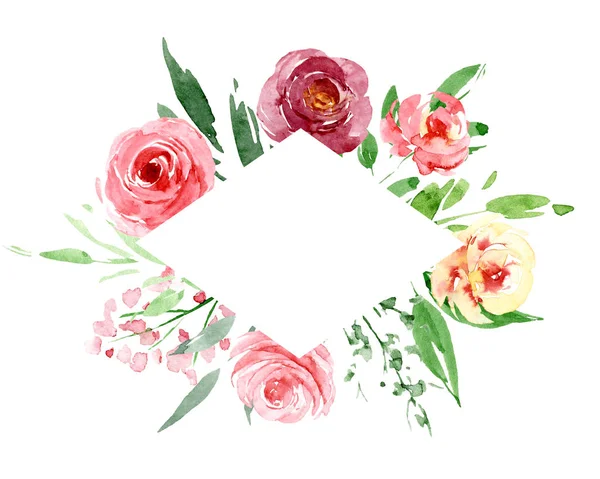 Floral frame border with flowers watercolor art painting, greeting card template