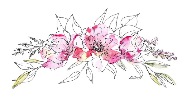 Aquarellstrauß Linienkunst Mit Floralen Elementen — Stockfoto