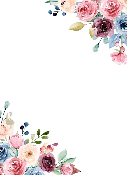 Design Borda Moldura Floral Com Flores Folhas Pintura Aquarela — Fotografia de Stock