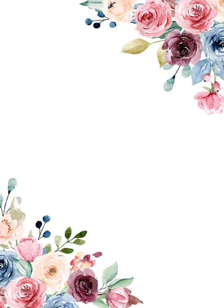 Floral Frame Border Design Watercolor Painting Flowers Leaves — 스톡 사진