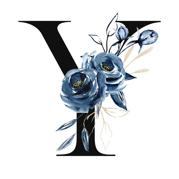 水彩画 字母Y与花和叶子 花卉字母表 — 图库照片