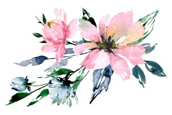 Acuarela Flores Con Hojas Pintura Mano Concepto Floral —  Fotos de Stock