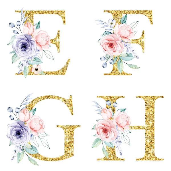 floral alphabet, letters E, F, G, H with watercolor flowers, creative art design, monogram initials