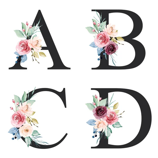 floral alphabet, letters A, B, C, D with watercolor flowers, creative art design, monogram initials