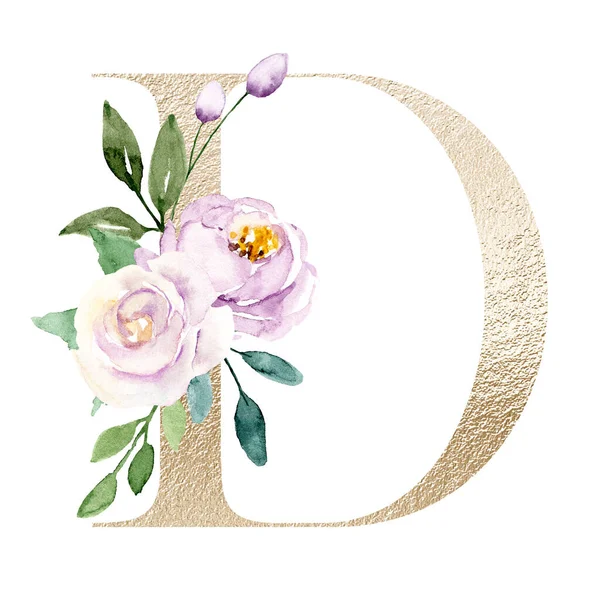 水彩画 花と葉の文字D 花のアルファベット — ストック写真