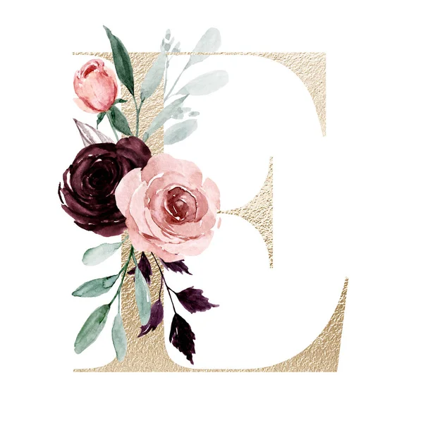 Cute Watercolor Art Painting Letter Flowers Leaves Floral Alphabet White — 스톡 사진