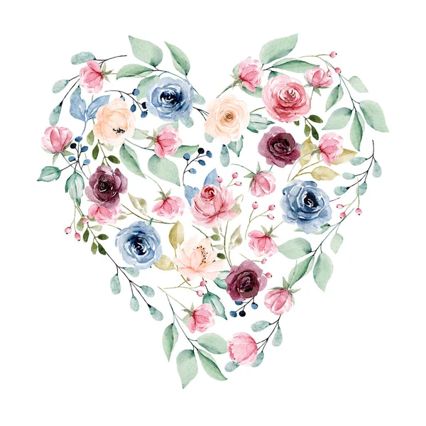 Coração Floral Com Flores Verão Aquarela Folhas Isolado Fundo Branco — Fotografia de Stock