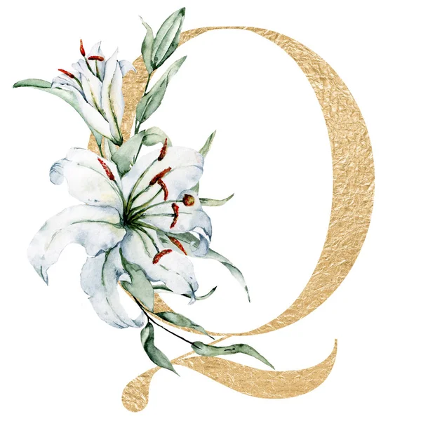 Alfabeto Floral Hermosa Letra Decorada Con Flores Hojas Pintura Acuarela —  Fotos de Stock