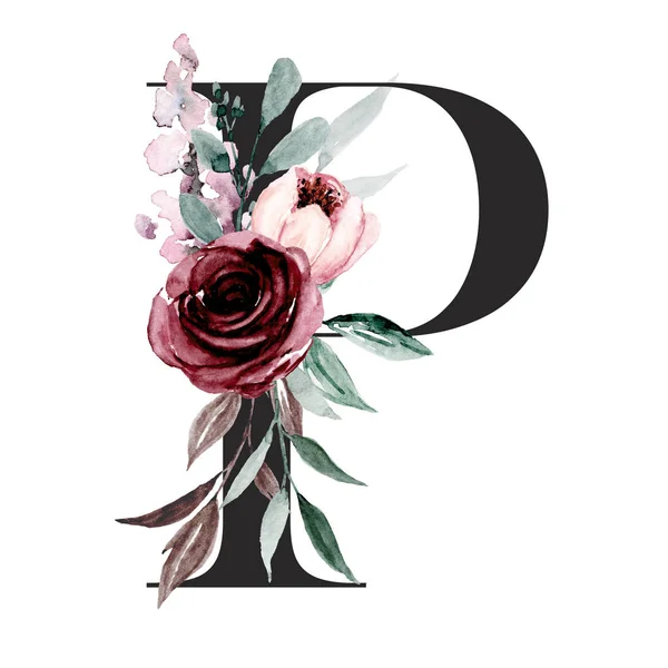 Χαριτωμένο Ακουαρέλα Ζωγραφική Τέχνη Γράμμα Λουλούδια Και Φύλλα Floral Αλφάβητο — Φωτογραφία Αρχείου