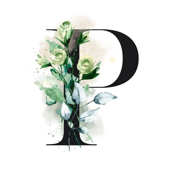 美丽的花字母P 有水彩花和叶子 — 图库照片