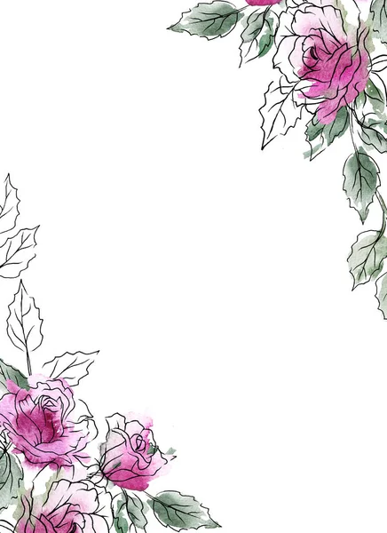 テキストのための場所と水彩の花のフレームの境界線 手描き 白地に隔離された — ストック写真