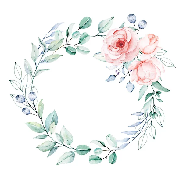 Couronne Avec Des Fleurs Aquarelle Ensemble Floral Pour Carte Vœux — Photo