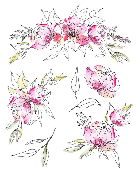 Set Watercolor Floral Drawing Vintage Decoration — 스톡 사진