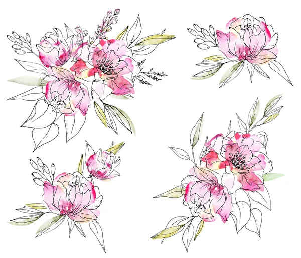 Set Watercolor Floral Drawing Vintage Decoration — 스톡 사진