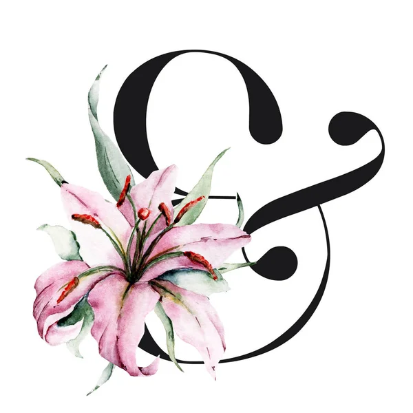 Ampersand Symbool Witte Achtergrond Aquarelverf Met Bloemen — Stockfoto