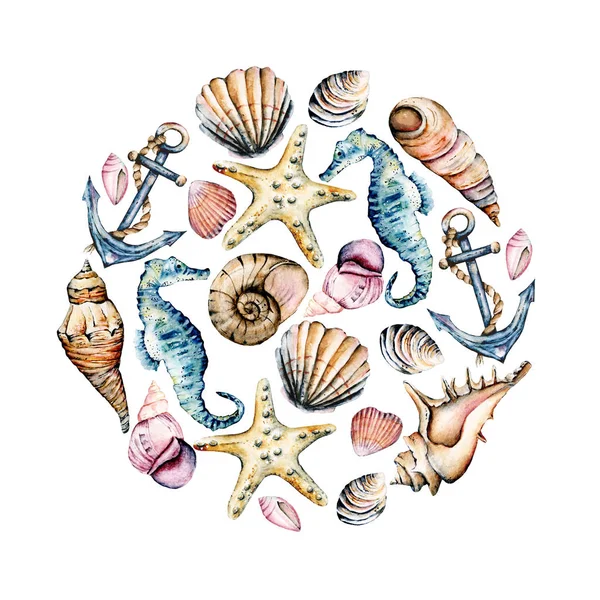 Seashells Marine Scenery Watercolor Seahorses Starfishes Other Shells Circle — Stock Photo, Image