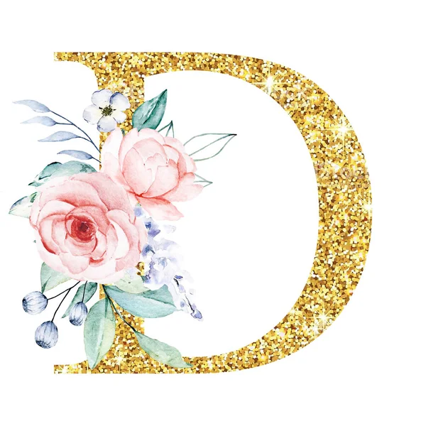 Altın alfabe, çiçekli ve yapraklı D harfi suluboya resim, çiçek desenli monogram