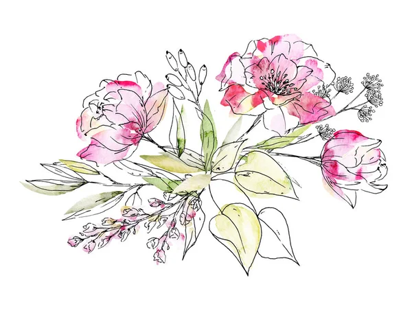 Watercolor Bouquet Line Art Floral Elements — 스톡 사진