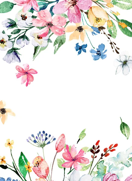 Çiçeksel çerçeve sınır tasarımı, suluboya boya çiçek ve yapraklar