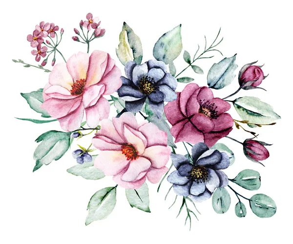 Watercolor Flowers Leaves Hand Painting Floral Concept — 스톡 사진