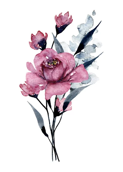 Akwarela Kwiaty Liśćmi Ręcznie Malarstwo Koncepcja Kwiatowa — Zdjęcie stockowe