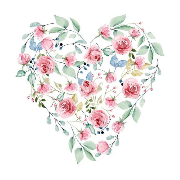 Çiçekli bir kalp, yaz çiçekleri ve yaprakları, beyaz arka planda izole.