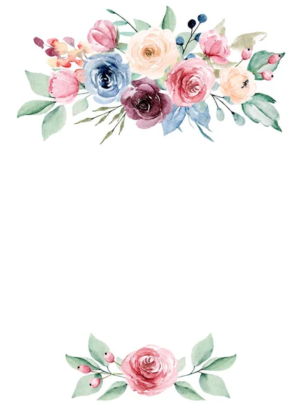 Floral Frame Border Design Watercolor Painting Flowers Leaves — 스톡 사진