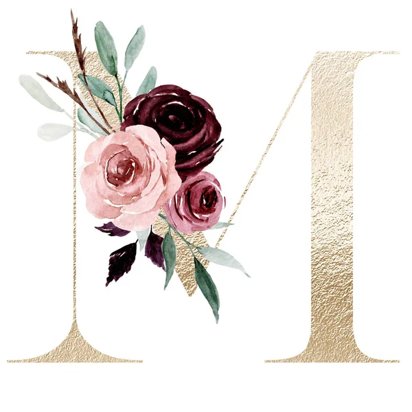 Cute Watercolor Art Painting Letter Flowers Leaves Floral Alphabet White — 스톡 사진