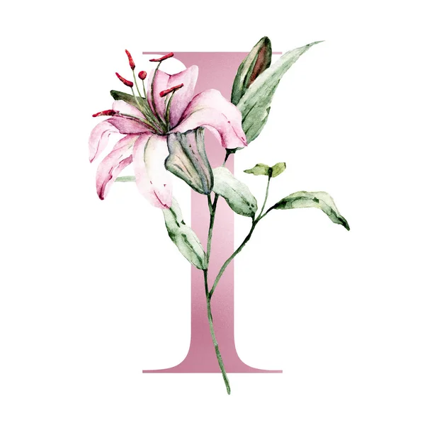 Alfabet Kwiatowy Piękna Litera Ozdobiony Kwiatami Liśćmi Malarstwo Akwarelowe — Zdjęcie stockowe