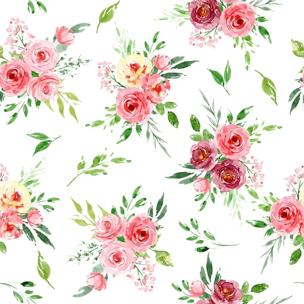 Seamless Pattern Watercolor Flowers Leaves Art Painting Design — 스톡 사진