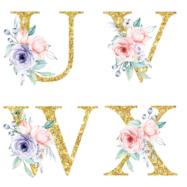 Alphabet Floral Lettres Avec Fleurs Aquarelles Design Artistique Créatif Initiales — Photo