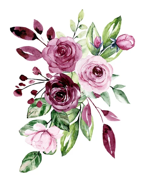 Smukke Akvarel Blomster Botaniske Sammensætning Til Bryllup Eller Lykønskningskort - Stock-foto