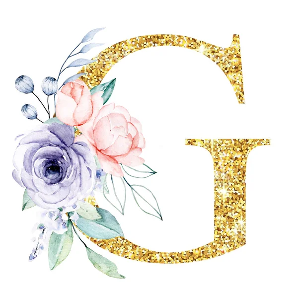 golden alphabet, letter G with flowers and leaves, watercolor art painting, floral monogram