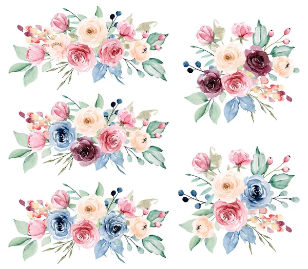 Bloemen Collectie Met Aquarel Bloemen Set Van Kleurrijke Boeketten — Stockfoto