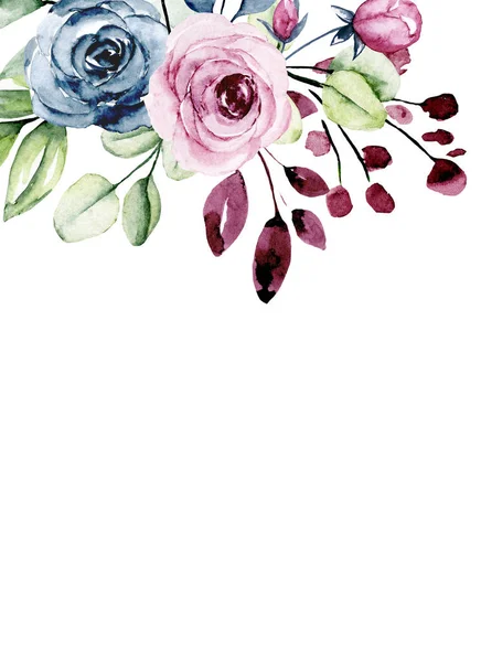 Цветочная Рамка Дизайн Границы Акварелью Живописи Цветы Листья — стоковое фото