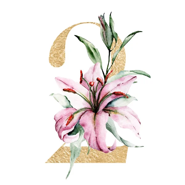 Kreativ Nummer Med Blommor Och Blad Handritad Akvarell Målning — Stockfoto
