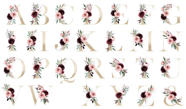 Alfabeto Floral Creativo Arte Acuarela Pintura Letras Con Flores Hojas —  Fotos de Stock