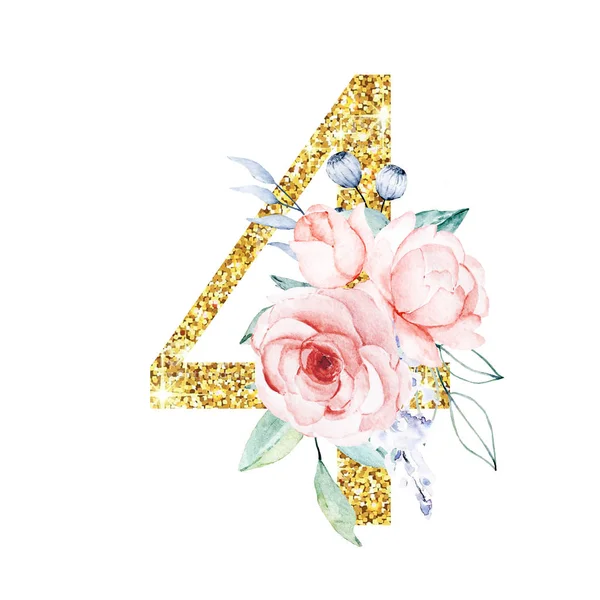 Çiçekler açan, suluboya resimli altın rengi 4 numara.