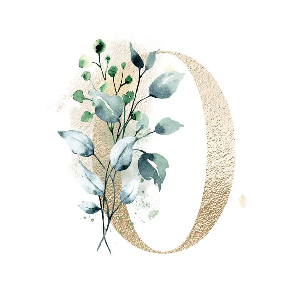 Number Watercolor Flowers Leaves Floral Monogram Hand Drawn Watercolor Painting — 스톡 사진