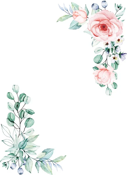 Цветочная Рамка Дизайн Границы Акварелью Живописи Цветы Листья — стоковое фото