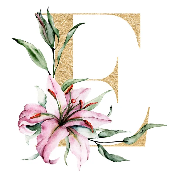 花卉字母表 漂亮的E字装饰花卉和叶子 水彩画 — 图库照片