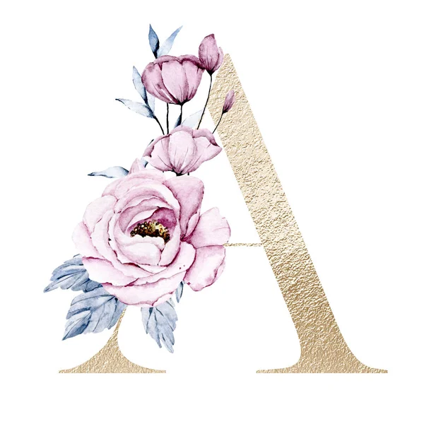 Aranyos Akvarell Művészet Festmény Levél Virágok Levelek Virágos Ábécé Fehér — Stock Fotó