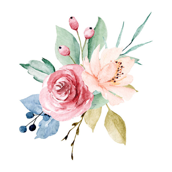Цветы акварель, цветочный клип, ботаническая композиция для свадьбы или поздравительная открытка
