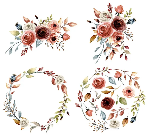 Aquarelverf Vintage Bloemen Trendy Set Kransen — Stockfoto