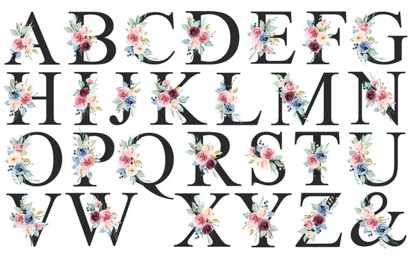 Alphabet Floral Elements Art Watercolor Painting Letters Flowers Leaves — Stok fotoğraf