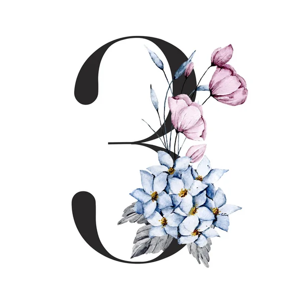 Número Acuarela Dibujada Mano Diseño Pintura Arte Floral — Foto de Stock