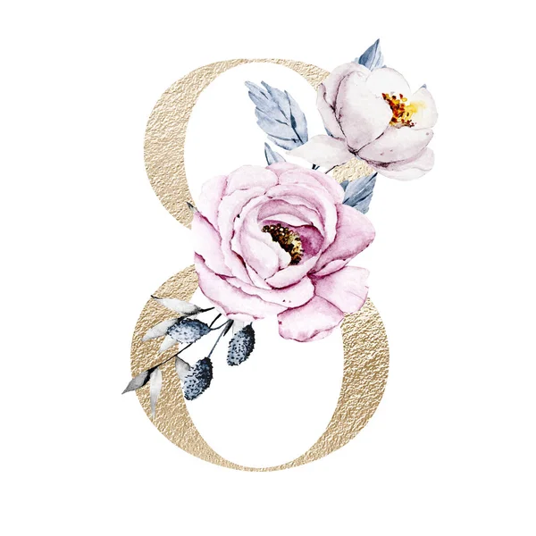 Nummer Handritad Akvarell Blommig Konst Målning Design — Stockfoto