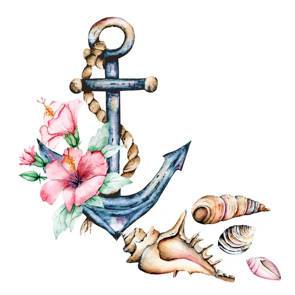 Hand Drawn Watercolor Painting Anchor White Background — Stock Photo, Image