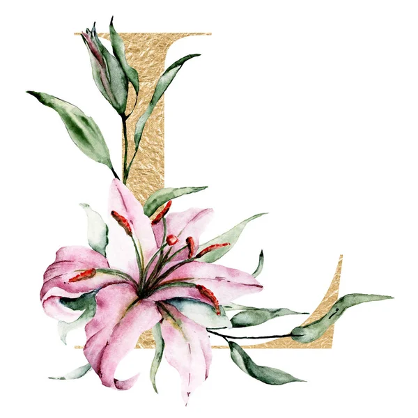 Blommigt Alfabet Vacker Bokstav Dekorerad Med Blommor Och Blad Akvarell — Stockfoto