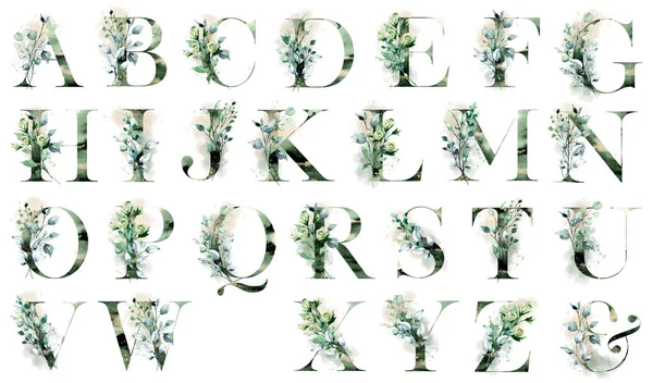 alphabet with floral elements, art watercolor painting letters with flowers and leaves